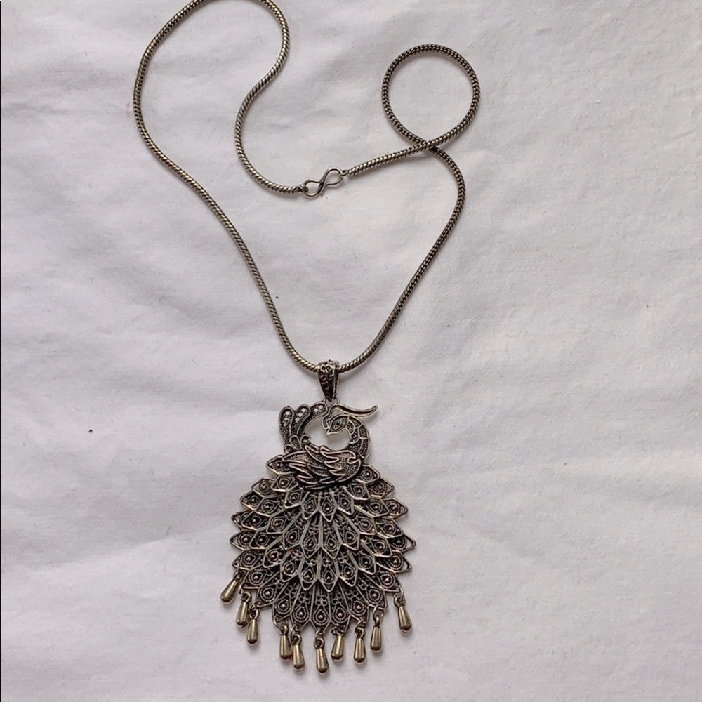 Silver Peacock Long Necklace